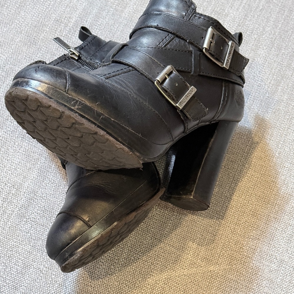 Harley Davidson Black Leather Buckle‎ Ankle Boots Block Heel D84447 Womens 8.5 - Picture 5 of 7